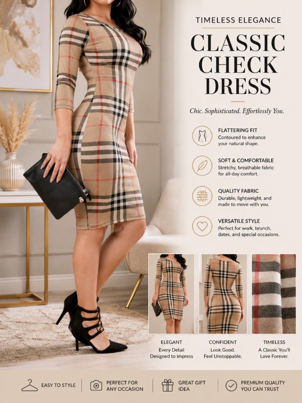Plaid Bodycon Dress | Women's Stretch Midi Dress | Work, Church & Evening | M-XL